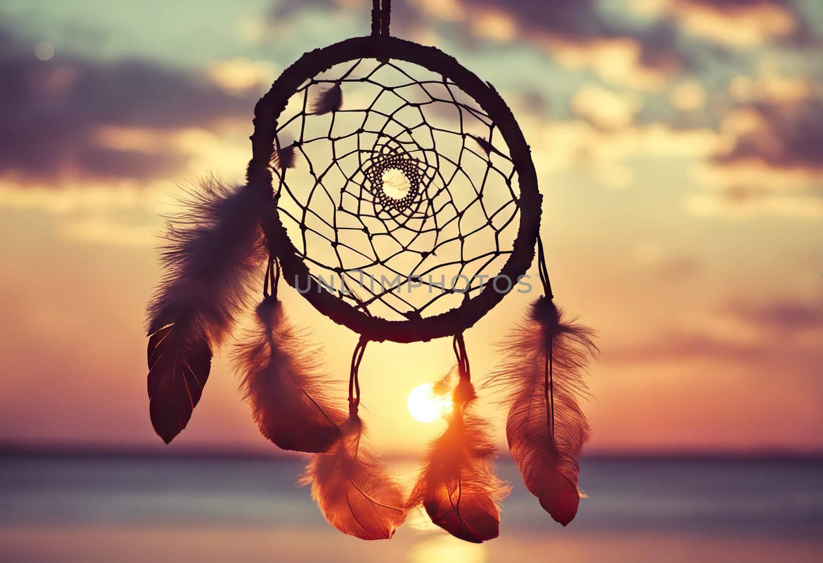 Dreamcatcher sunset sky, boho chic, ethnic amulet symbol Indigenous Peoples Day and Native Americans Day