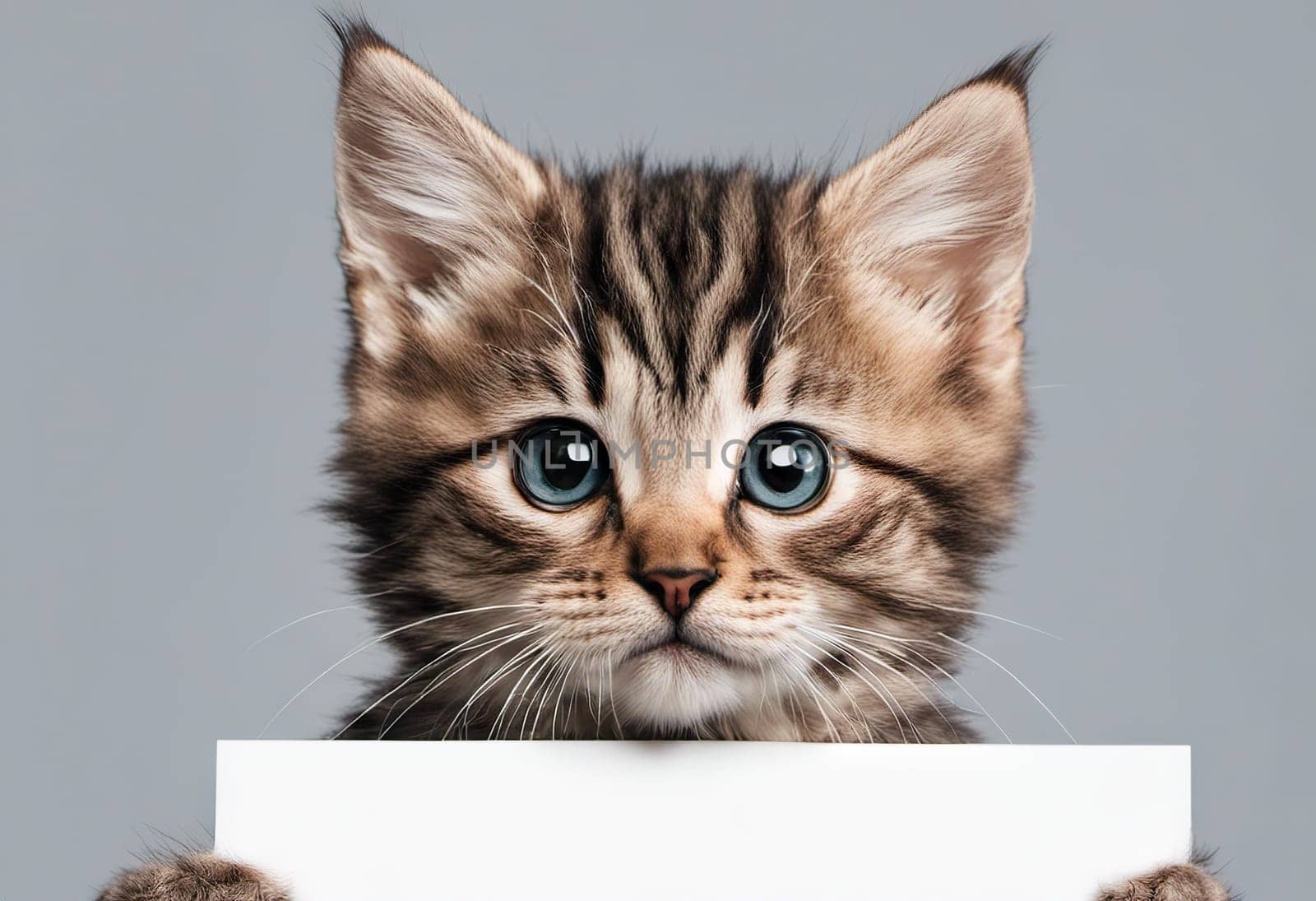 Funny little kitten holds in its paws banner for your advertising on light by EkaterinaPereslavtseva