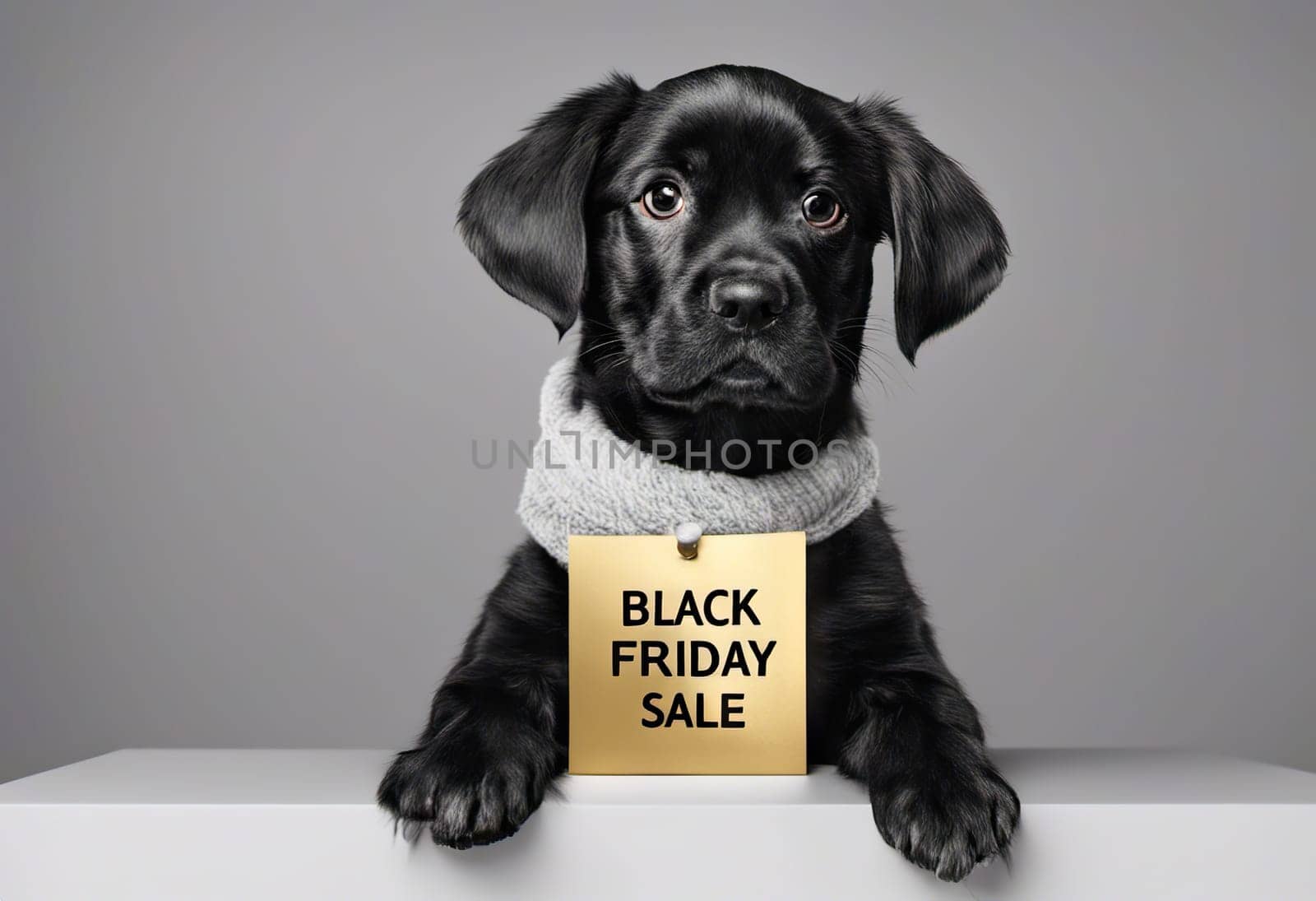 Funny puppy with black friday banner, concept of discounts and sales, on a light background