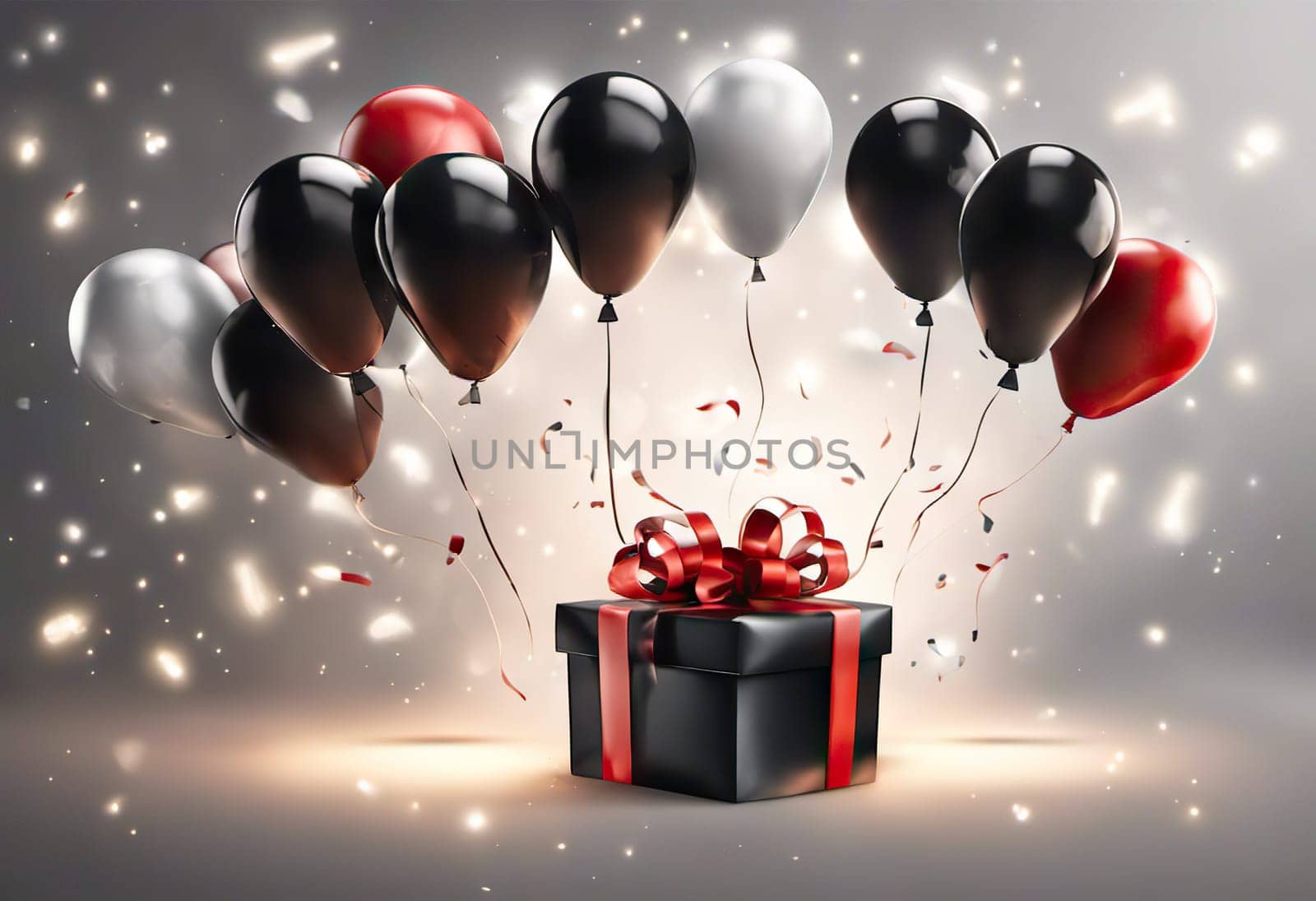 gift box with balloons, birthday concert or black friday discounts