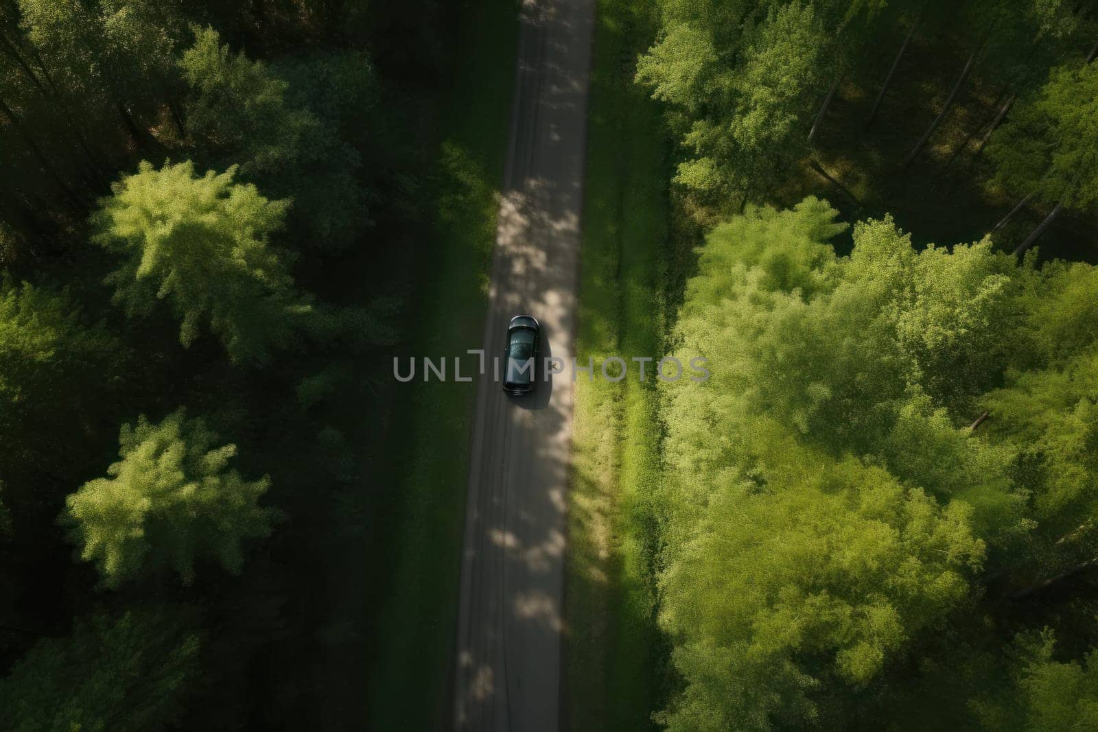 Aerial shot of a red car driving on a forest road, surrounded by a lush green forest. Drone view of travel and exploration concept from above. is AI Generative.