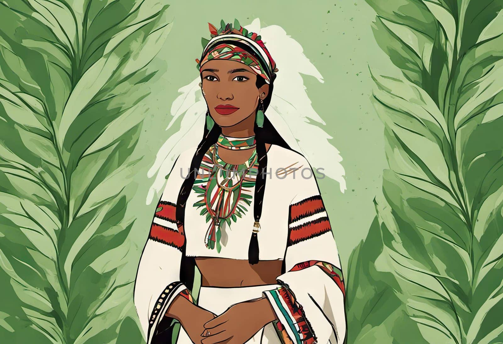 Indigenous Peoples Day illustration on green leaves background. High quality photo