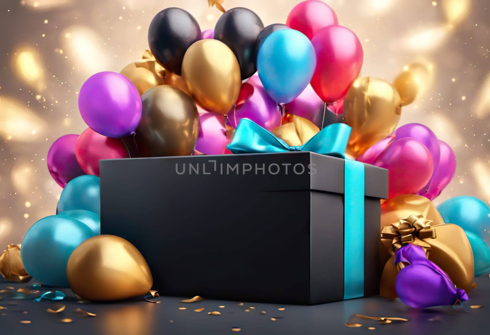 boxes with gifts and balloons and confetti on background, festive concept for birthday or black friday discounts