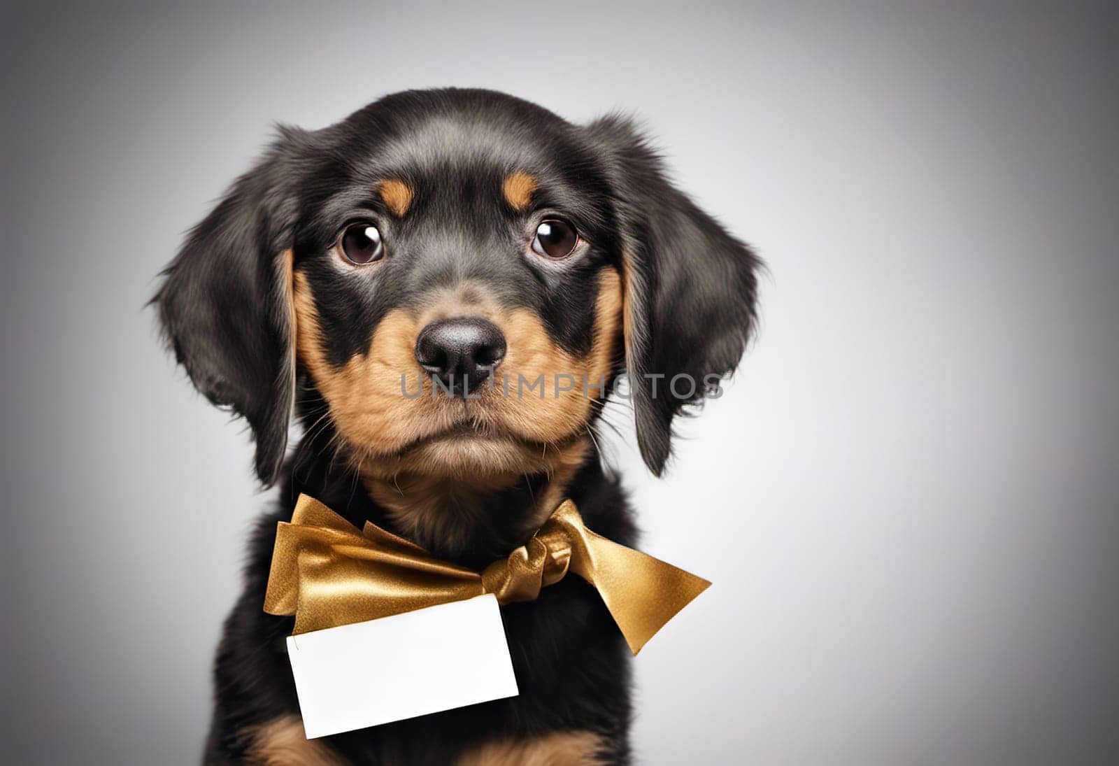 Funny puppy with banner for your advertising, mockup, concept of discounts and sales, on light background