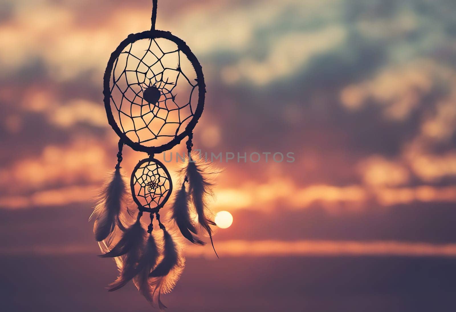 Dreamcatcher sunset sky, boho chic, ethnic amulet symbol Indigenous Peoples Day and Native Americans Day