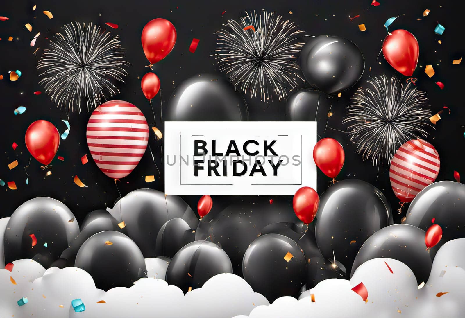 balloons and fireworks on the background, slinger conception, Sale and discount time, black friday