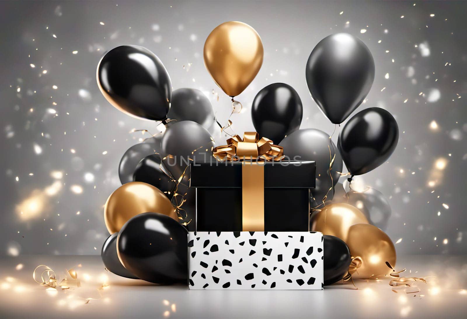 Gift box with colorful balloons and confetti on background, copy space, holiday concept for birthday or black friday discounts