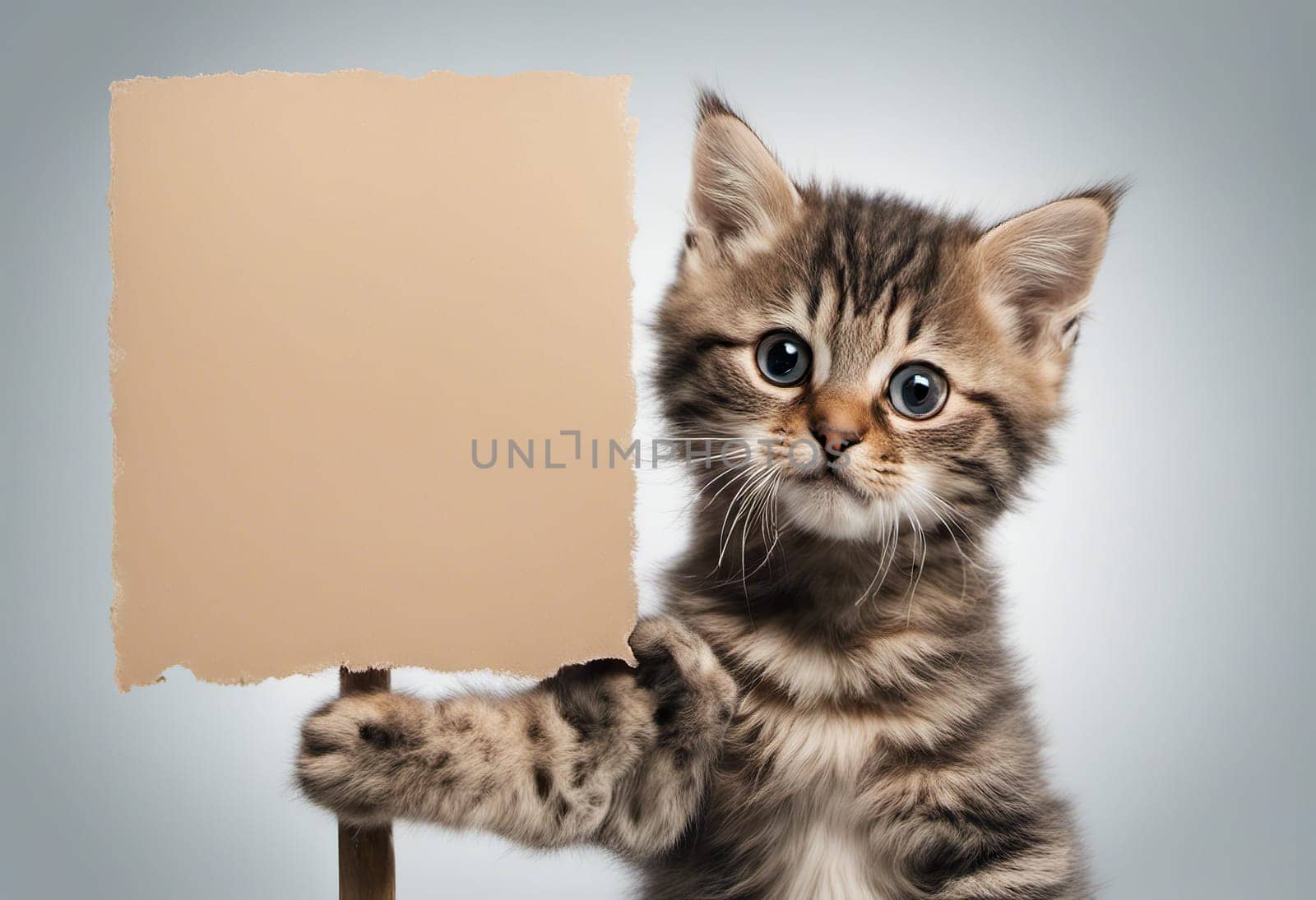 Funny little kitten holds in its paws banner for your advertising on light background, cute cat