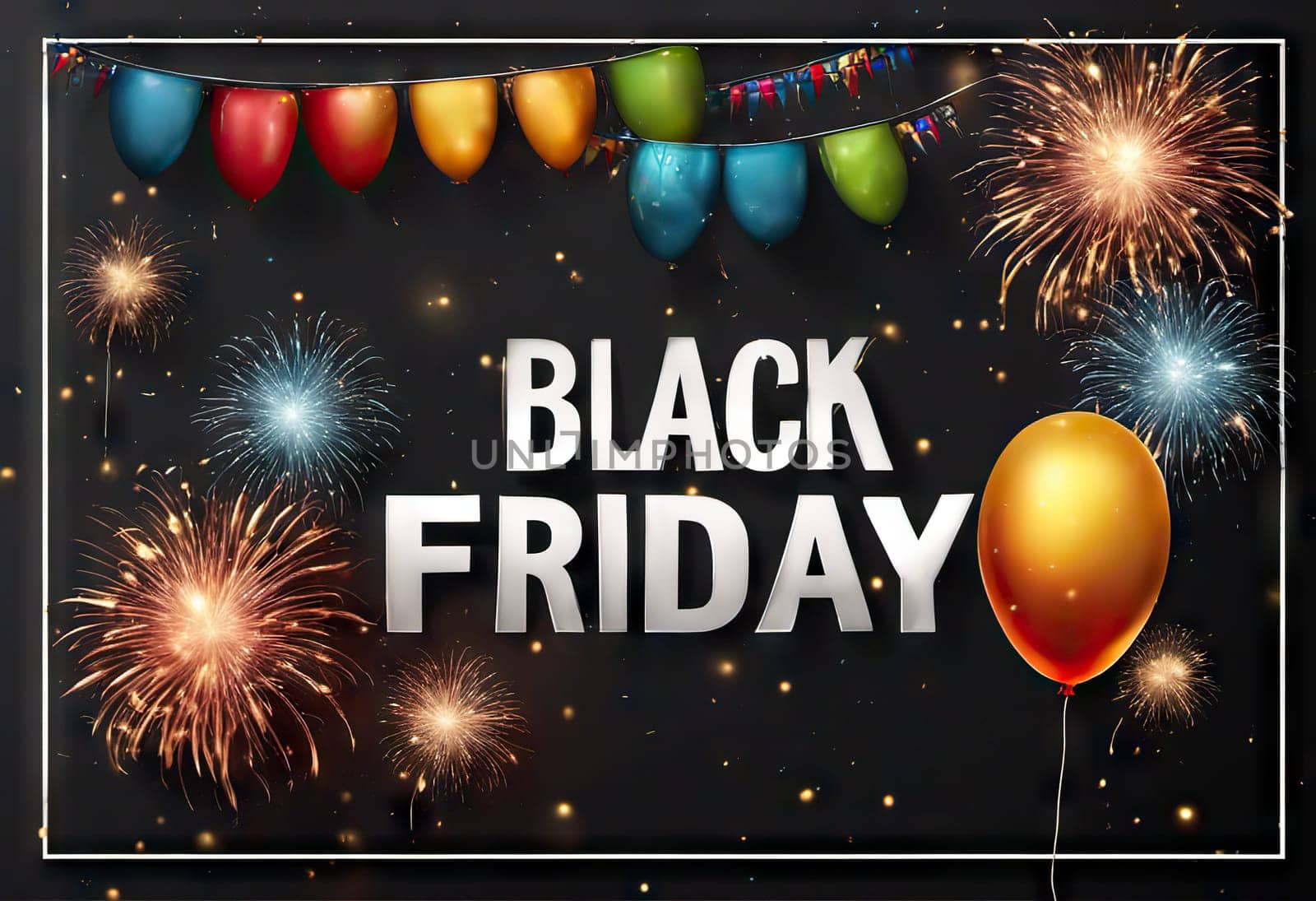 balloons and fireworks on the background, slinger conception, Sale and discount time, black friday