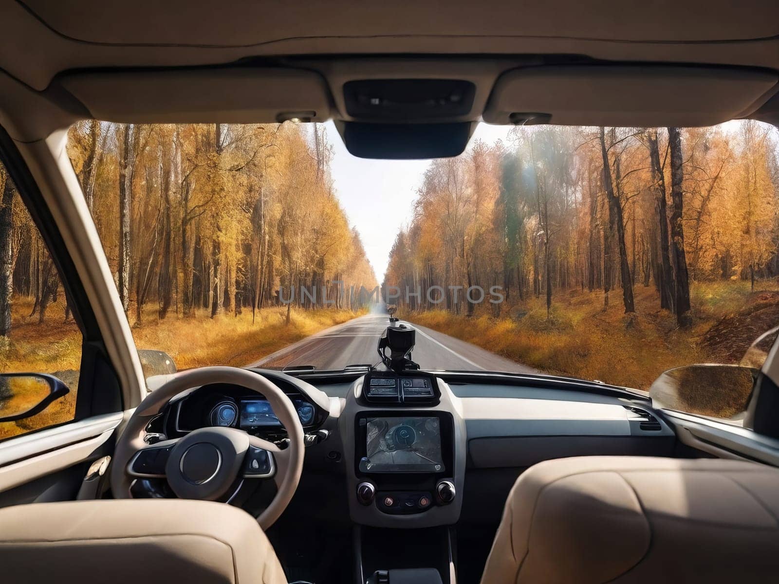 An unmanned vehicle equipped with artificial intelligence is driving along an autumn road. View from the car interior to the road.