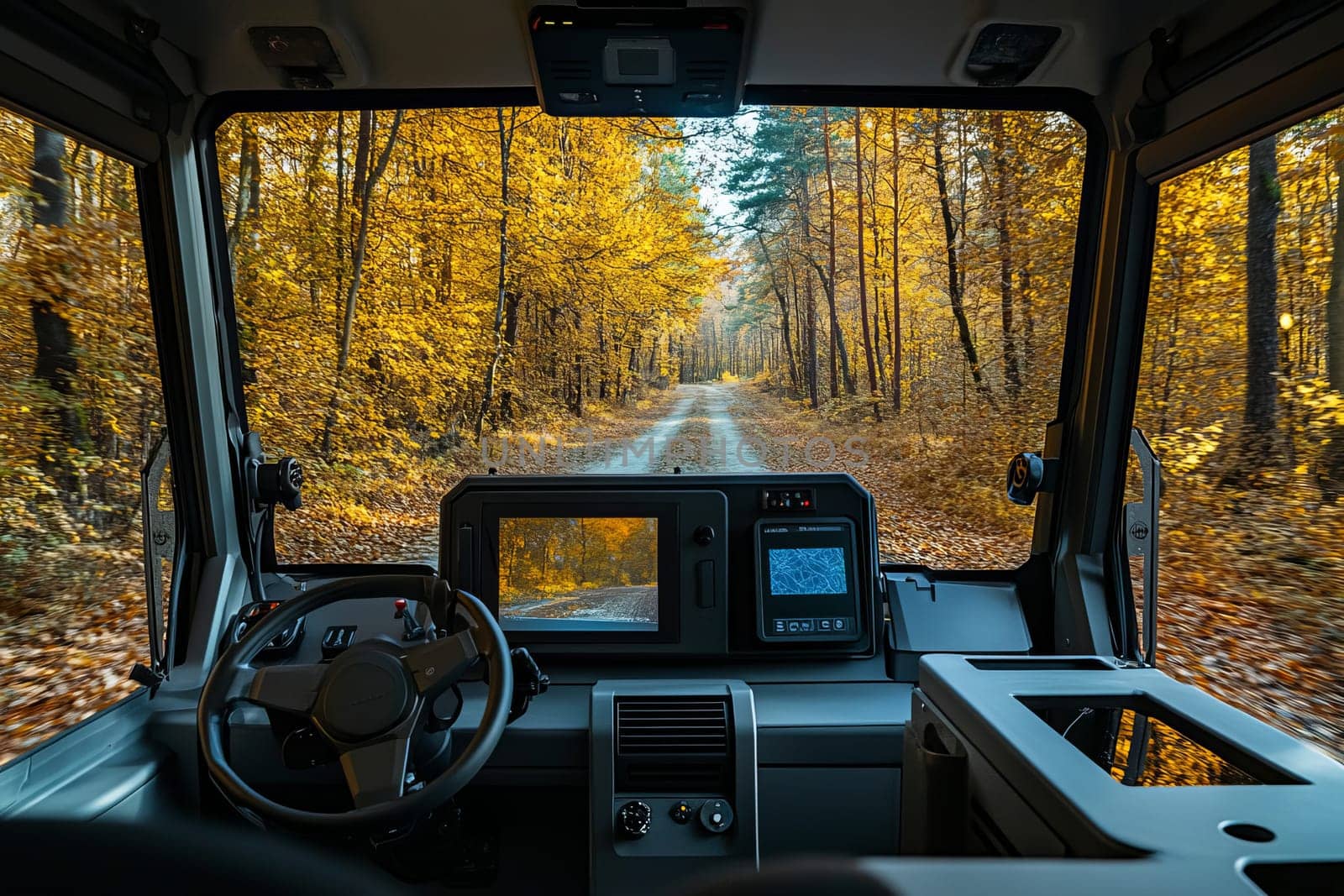 An unmanned vehicle equipped with artificial intelligence is driving along an autumn road. View from the car interior to the road.