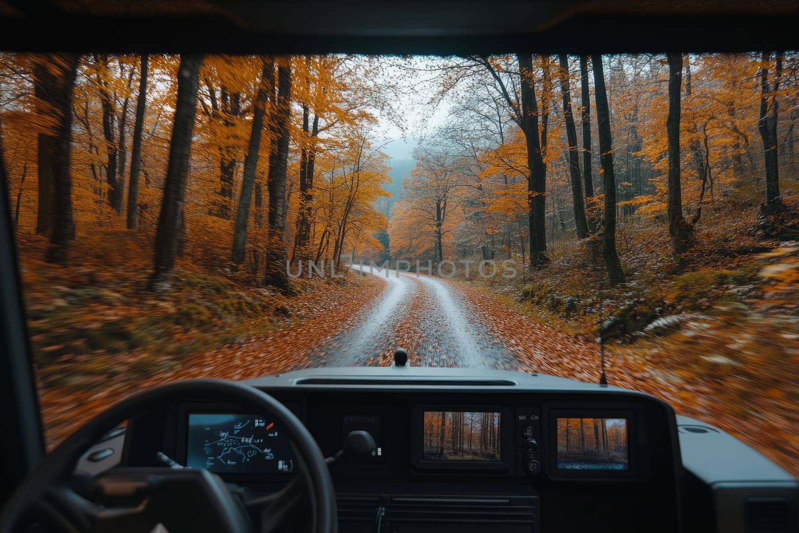 An unmanned vehicle equipped with artificial intelligence is driving along an autumn road. View from the car interior to the road.