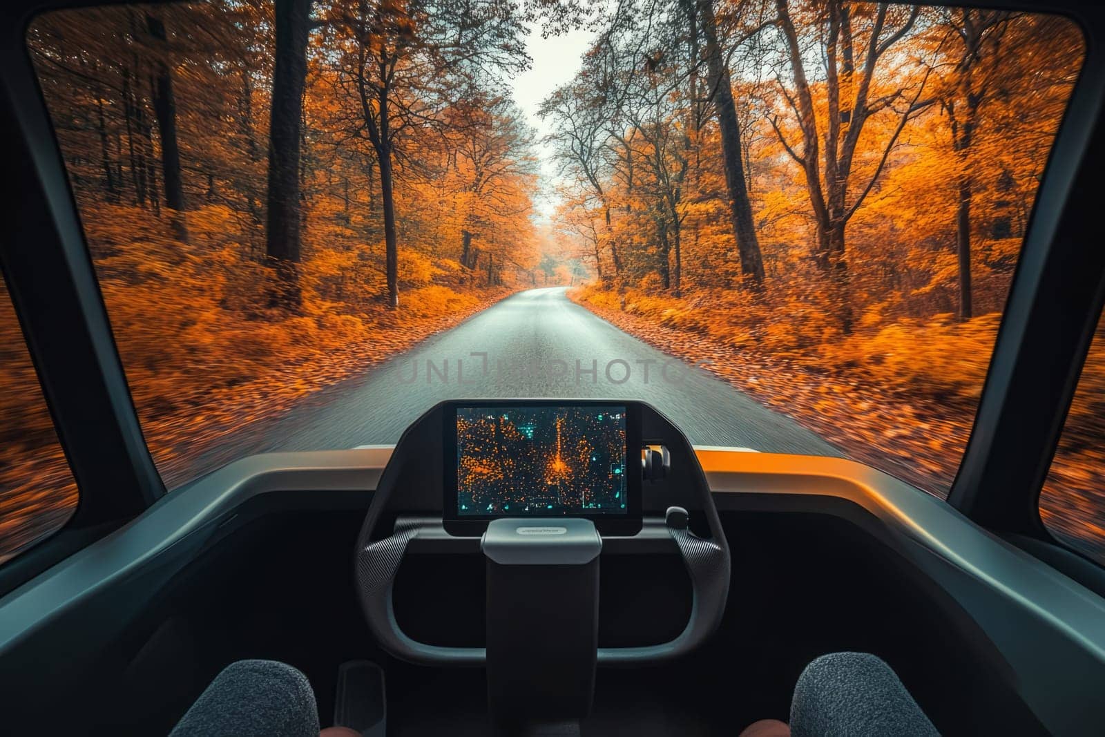 An unmanned vehicle equipped with artificial intelligence is driving along an autumn road. View from the car interior to the road.