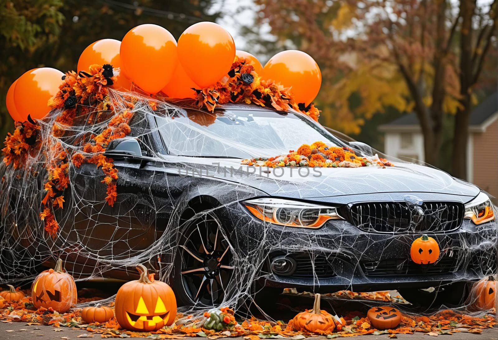 A large car decorated for Halloween with cobwebs, pumpkins, orange balloons and sweets. The concept of a creative outdoor event in autumn