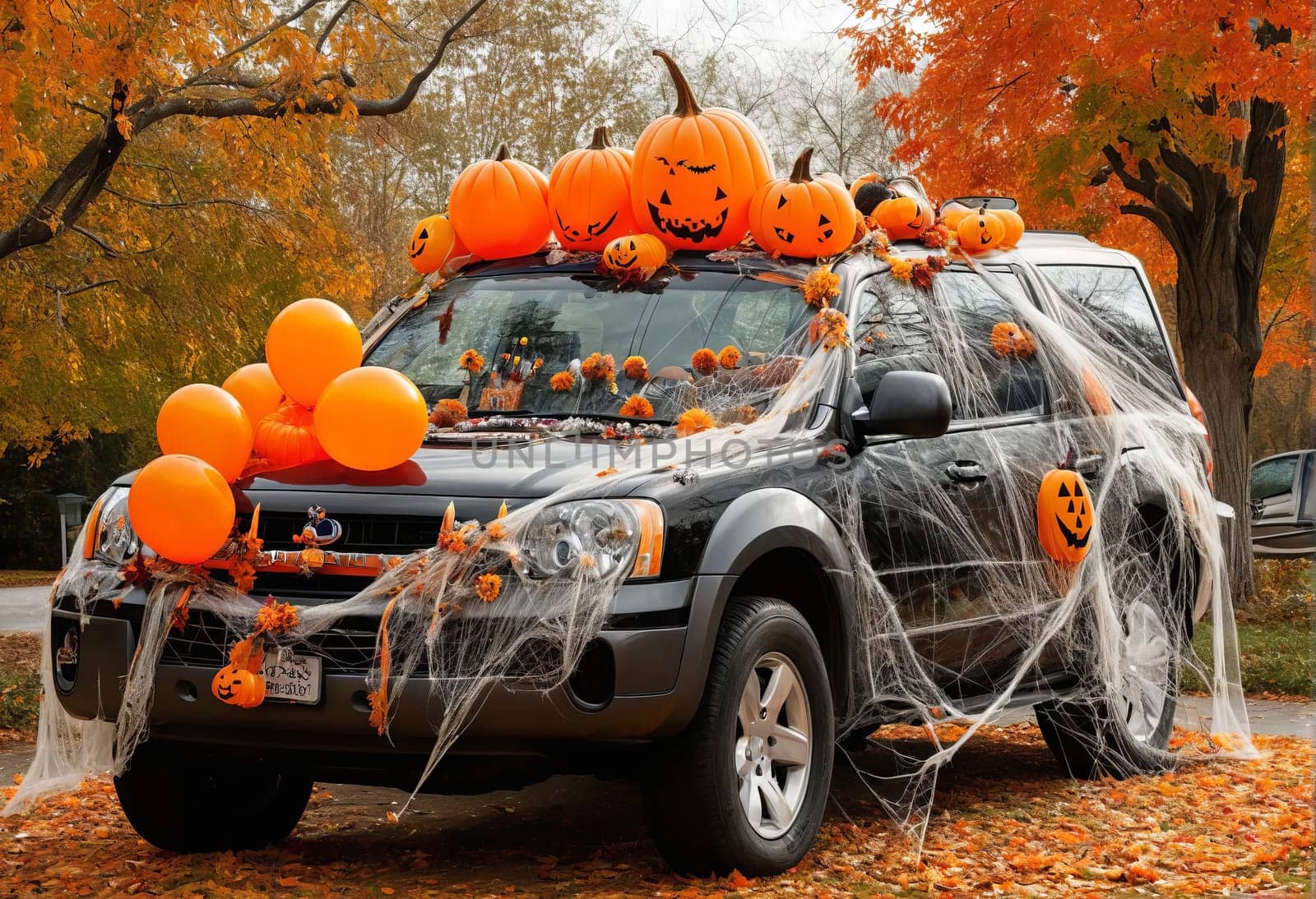 A large car decorated for Halloween with cobwebs, pumpkins, orange balloons and sweets. The concept of a creative outdoor event in autumn