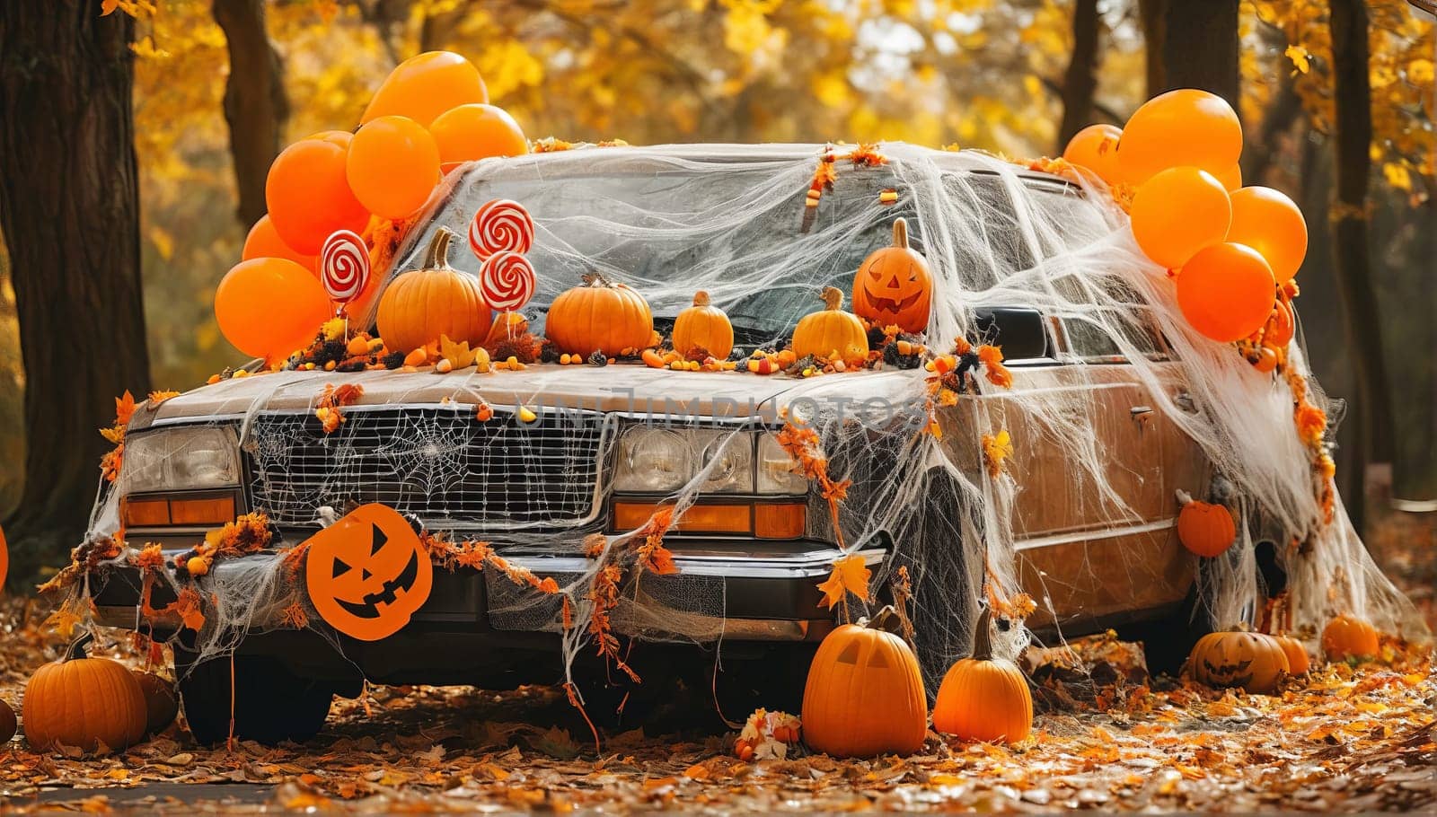 A large car decorated for Halloween with cobwebs, pumpkins, orange balloons and sweets. The concept of a creative outdoor event in autumn