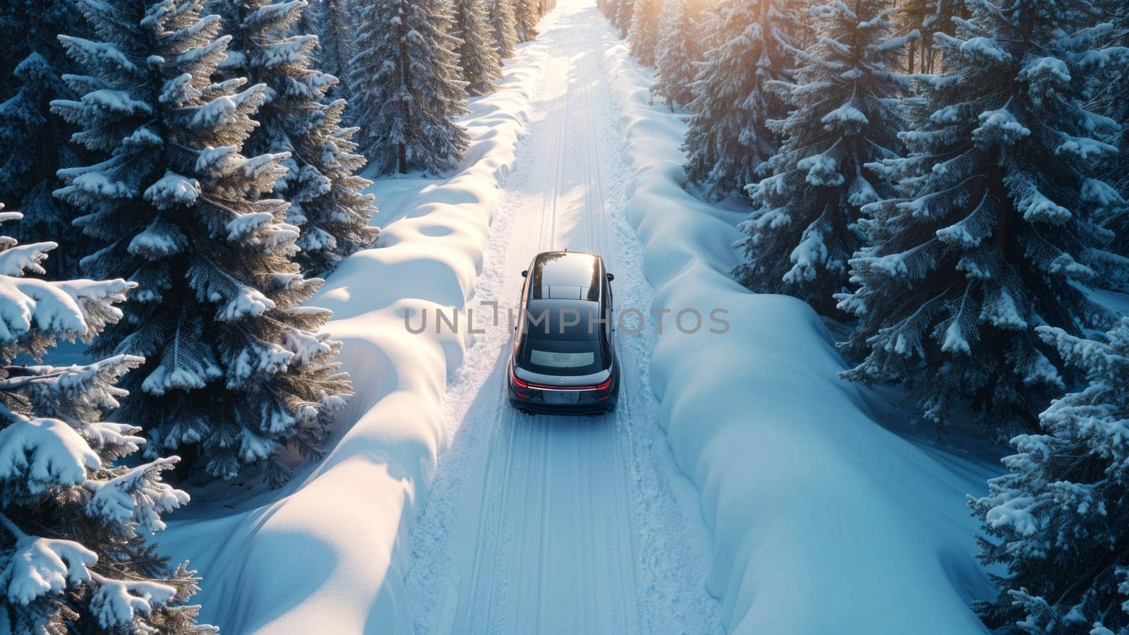 A view from the interior of an unmanned vehicle driving along an winter forest road. A car without a driver
