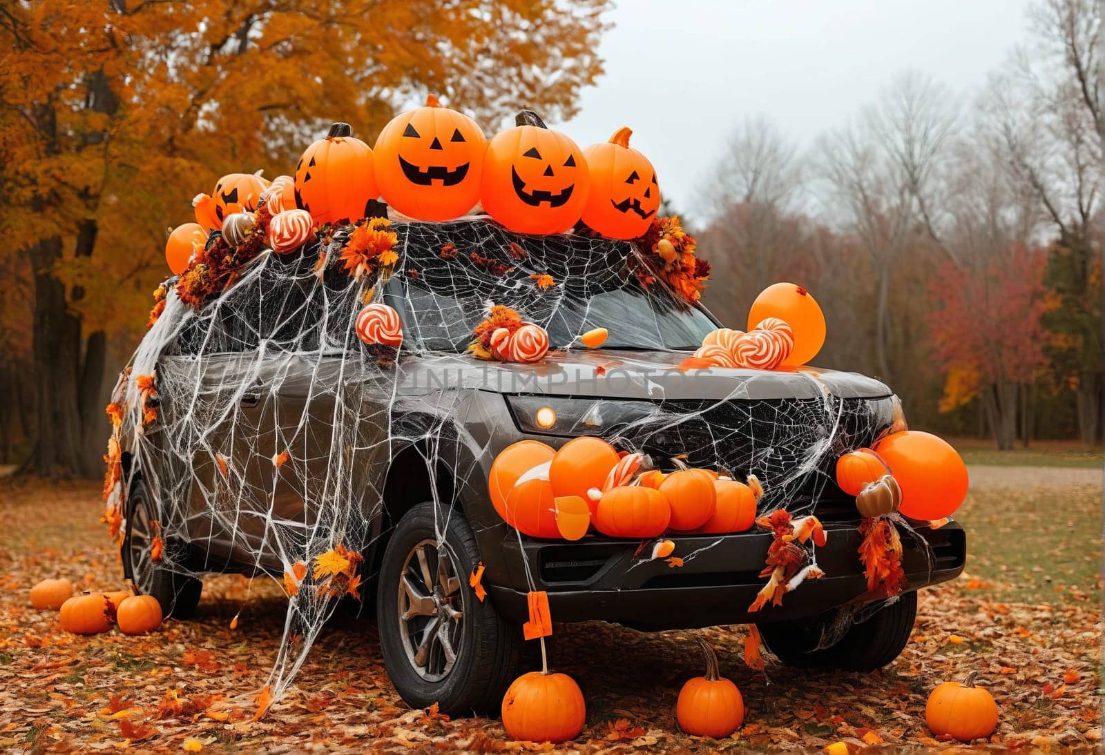 A large car decorated for Halloween with cobwebs, pumpkins, orange balloons and sweets. The concept of a creative outdoor event in autumn