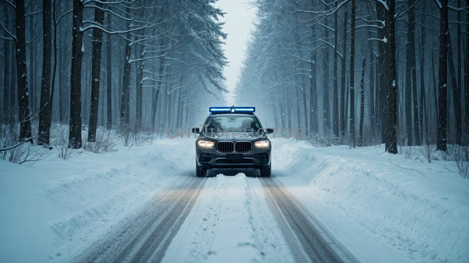 A view from the interior of an unmanned vehicle driving along an winter forest road. A car without a driver