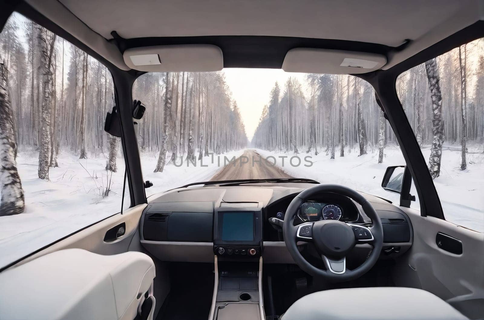 An unmanned vehicle equipped with artificial intelligence is driving on a winter road. View from the car interior to the road.
