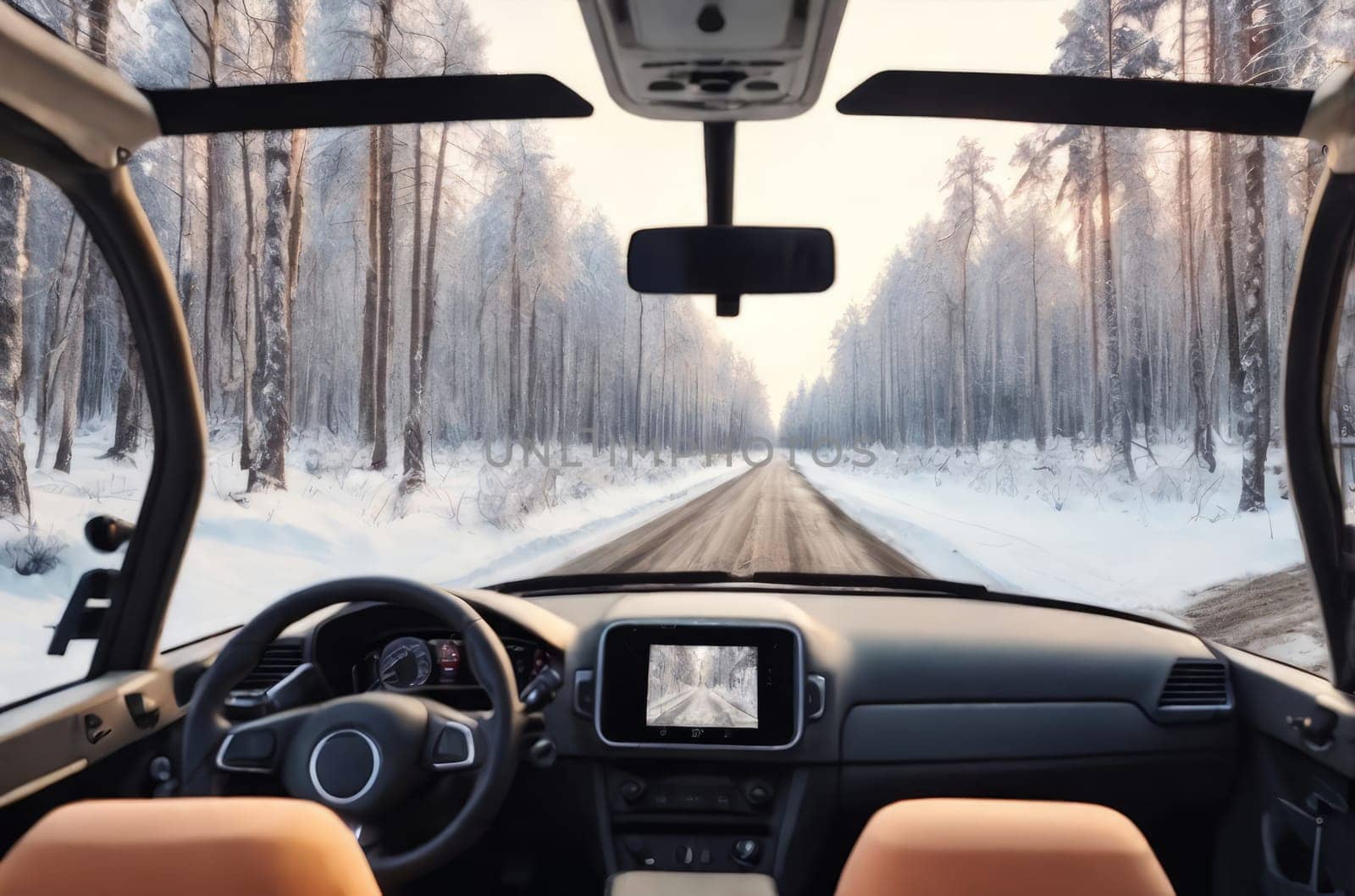 An unmanned vehicle equipped with artificial intelligence is driving on a winter road. View from the car interior to the road.