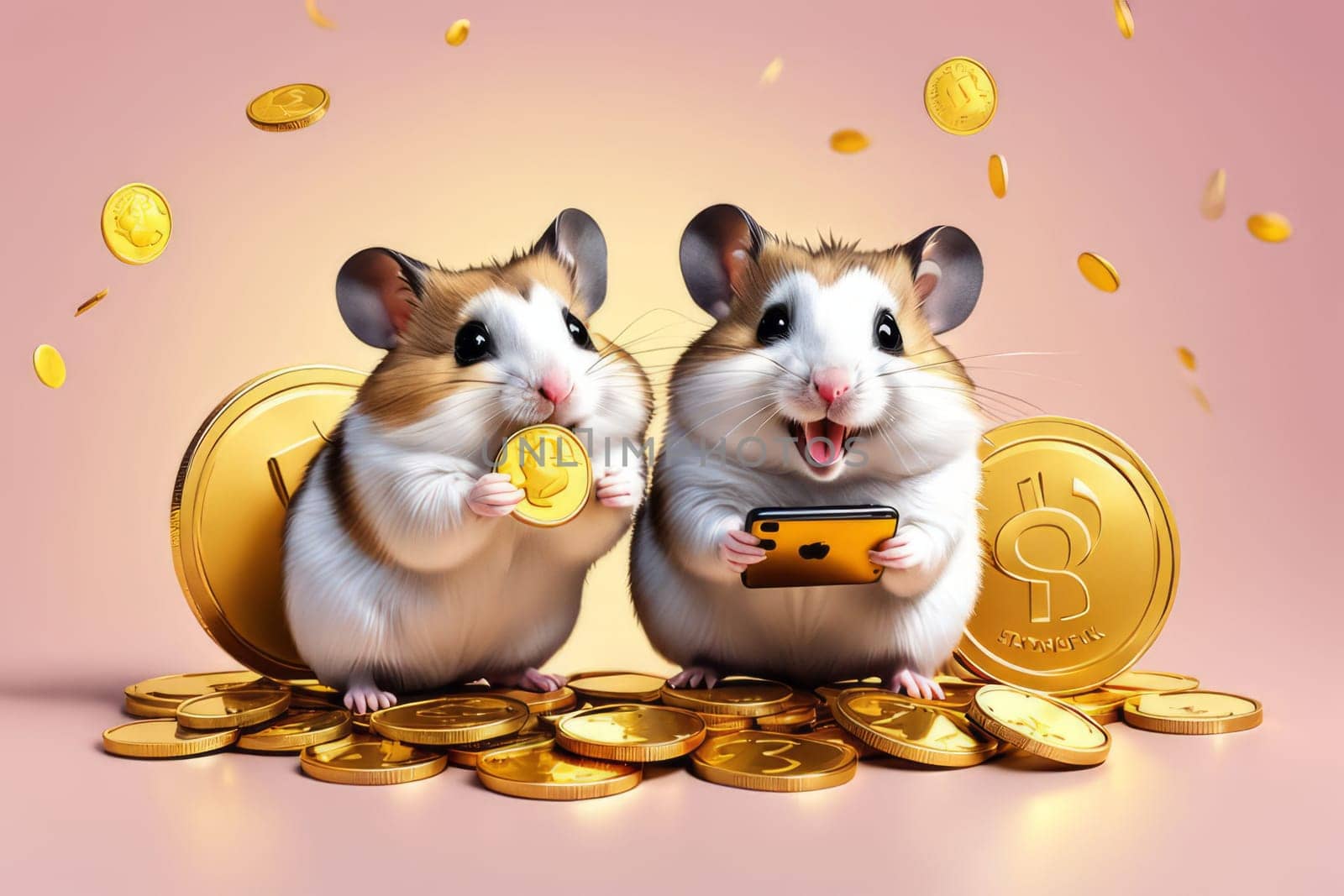 Blissful hamster depicted amidst golden coins and a smartphone, representing financial success