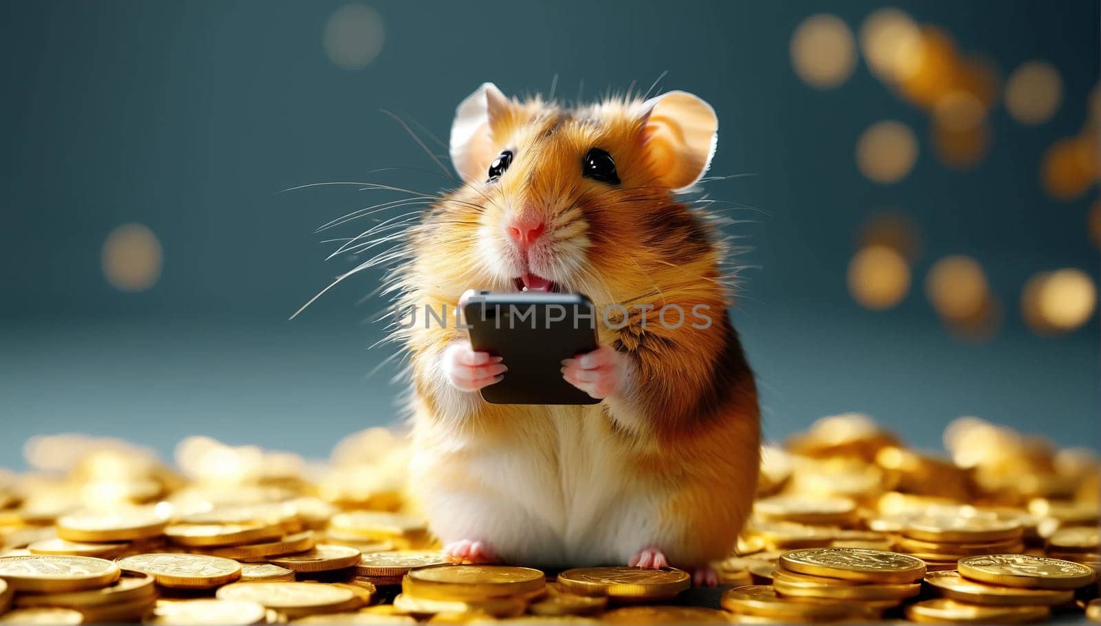 Blissful hamster depicted amidst golden coins and a smartphone, representing financial success