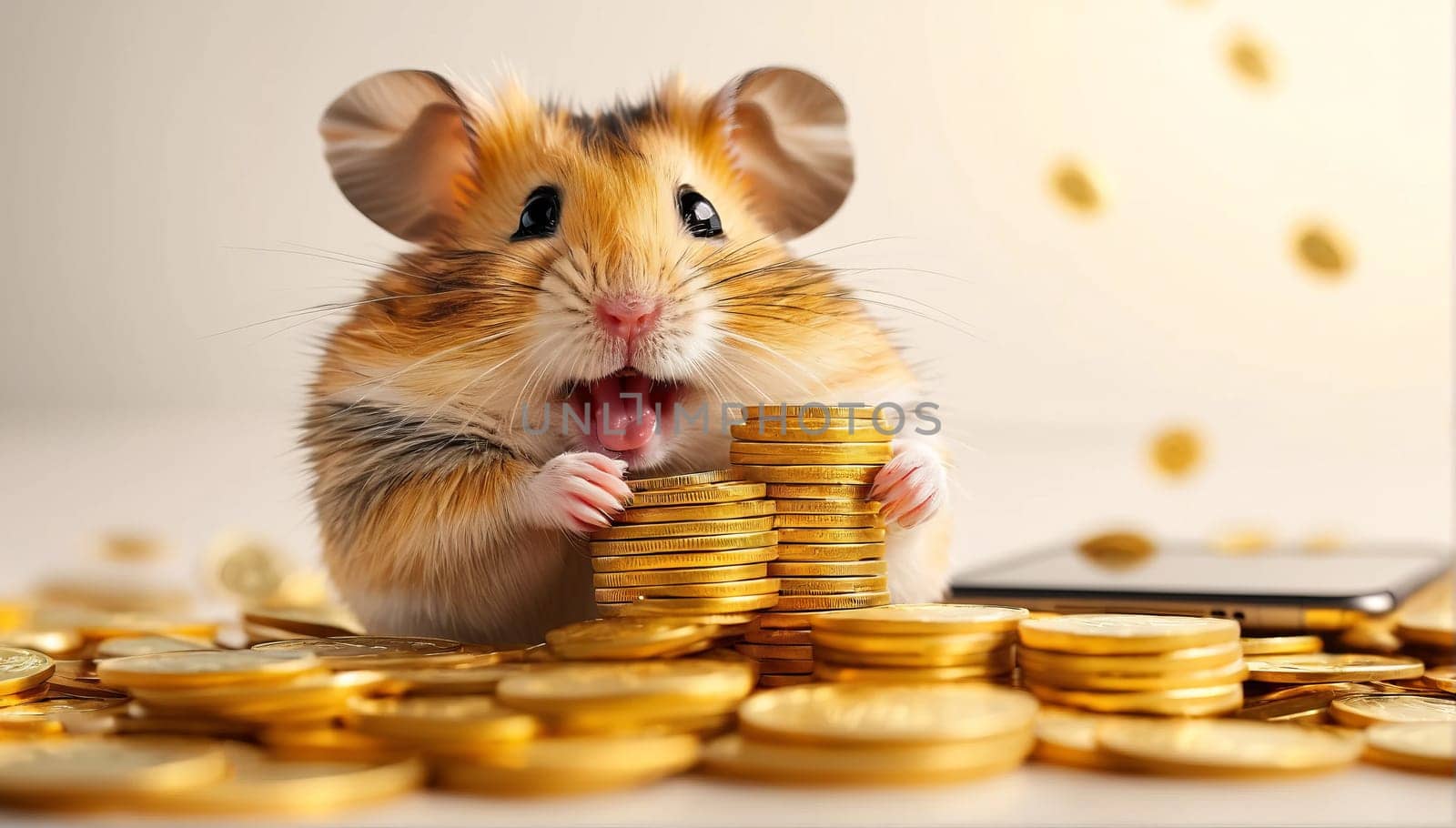 Elated rodent embracing the concept of wealth with golden coins and smartphone