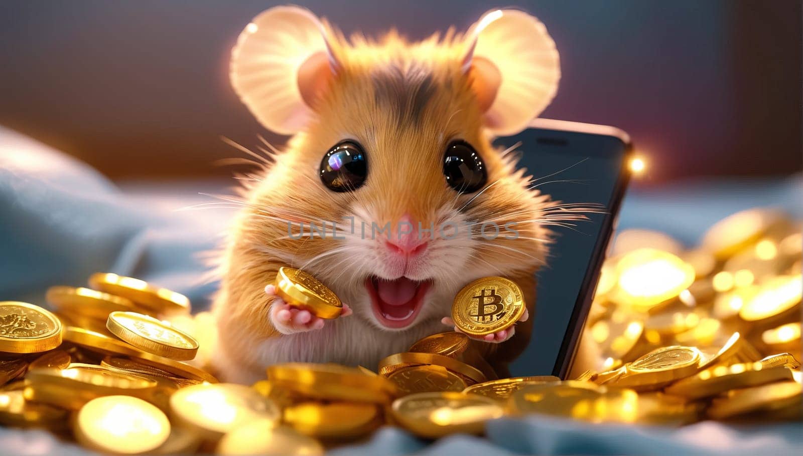 Elated rodent embracing the concept of wealth with golden coins and smartphone