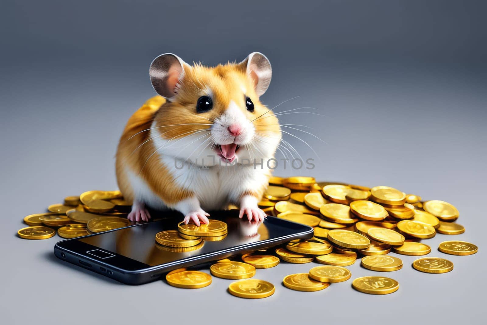 Blissful hamster depicted amidst golden coins and a smartphone, representing financial success