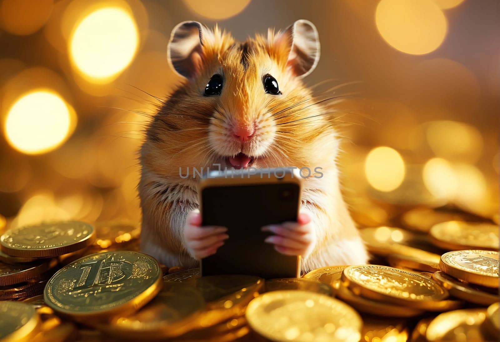 Overjoyed hamster with a portrayal of wealth through golden coins and a smartphone