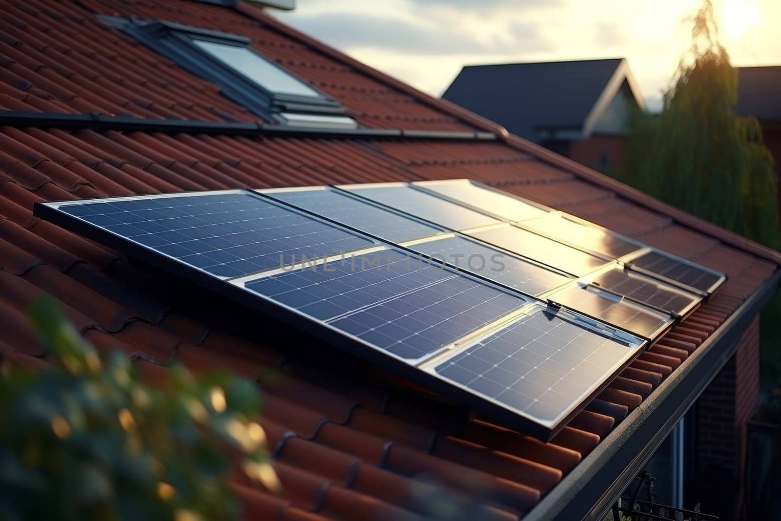 Close-up of solar panels on house roof for energy saving and alternative electricity sources