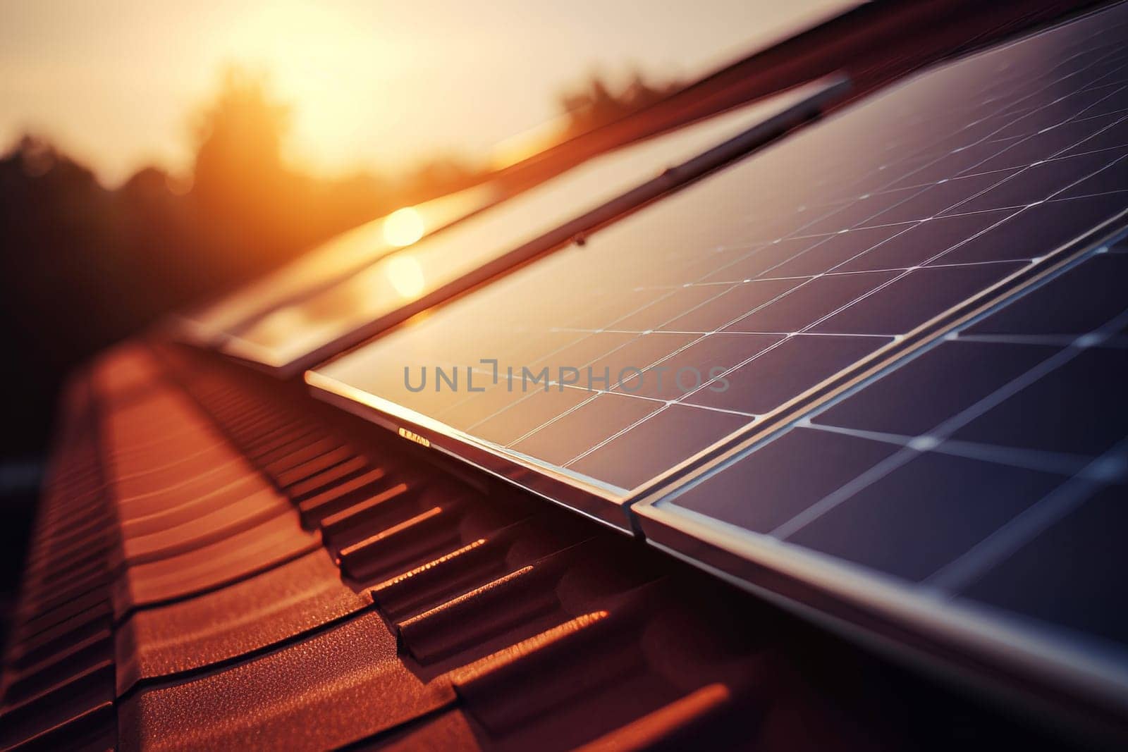 Close-up solar panels on house roof for energy saving and alternative electricity sources