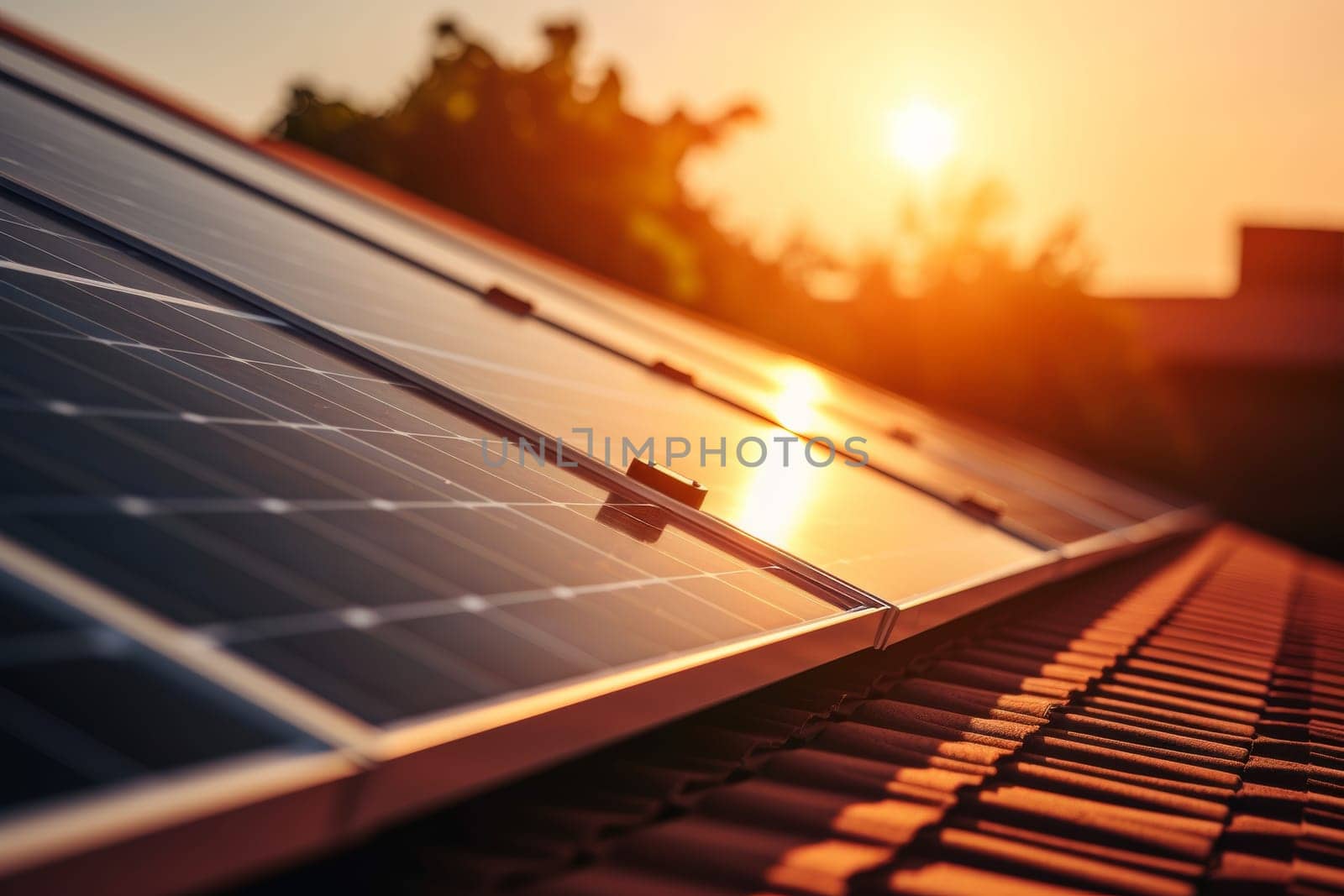 Close-up of solar panels on house roof for energy savings and alternative electricity source