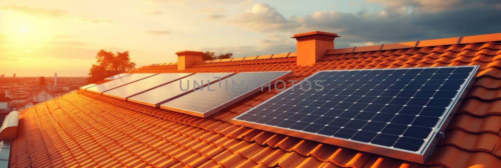 Close-up of solar panels on house roof for energy saving and alternative electricity sources