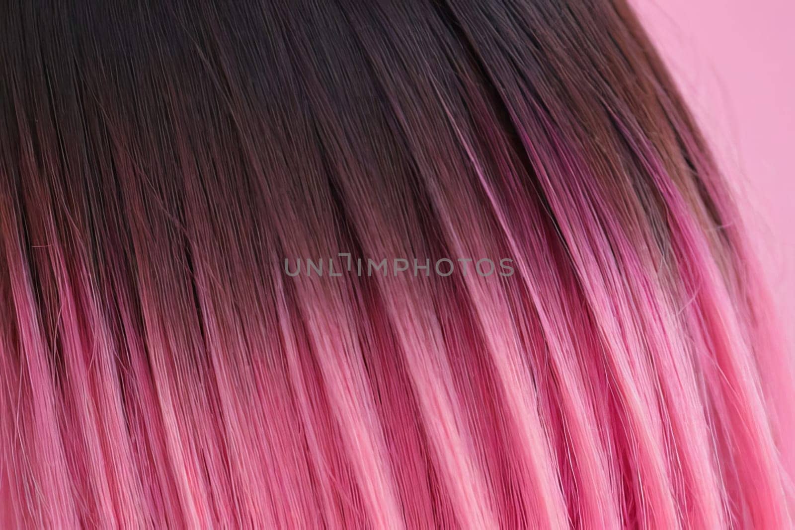 This close-up photo accentuates the vibrant allure of pink hair in an ombre design, revealing a harmonious fusion of colors and textures