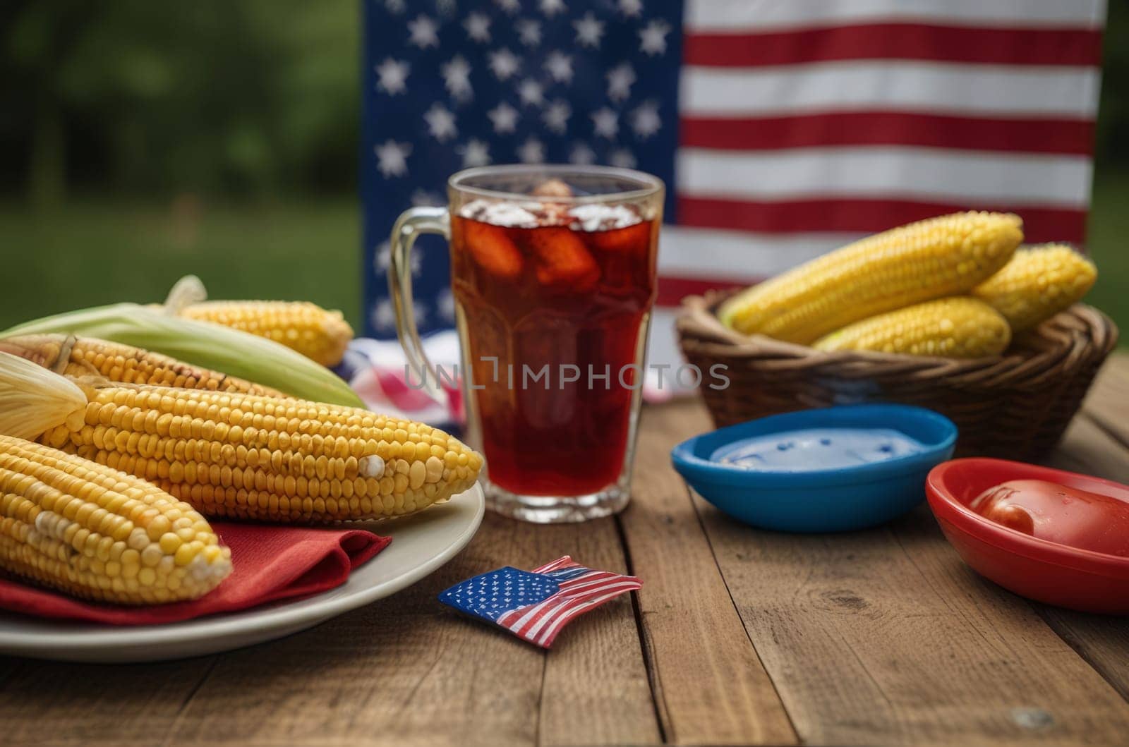 Delight in a summer picnic affair infused with patriotism, showcasing a spread of corn on the cob, barbecued treats, and invigorating drinks.
