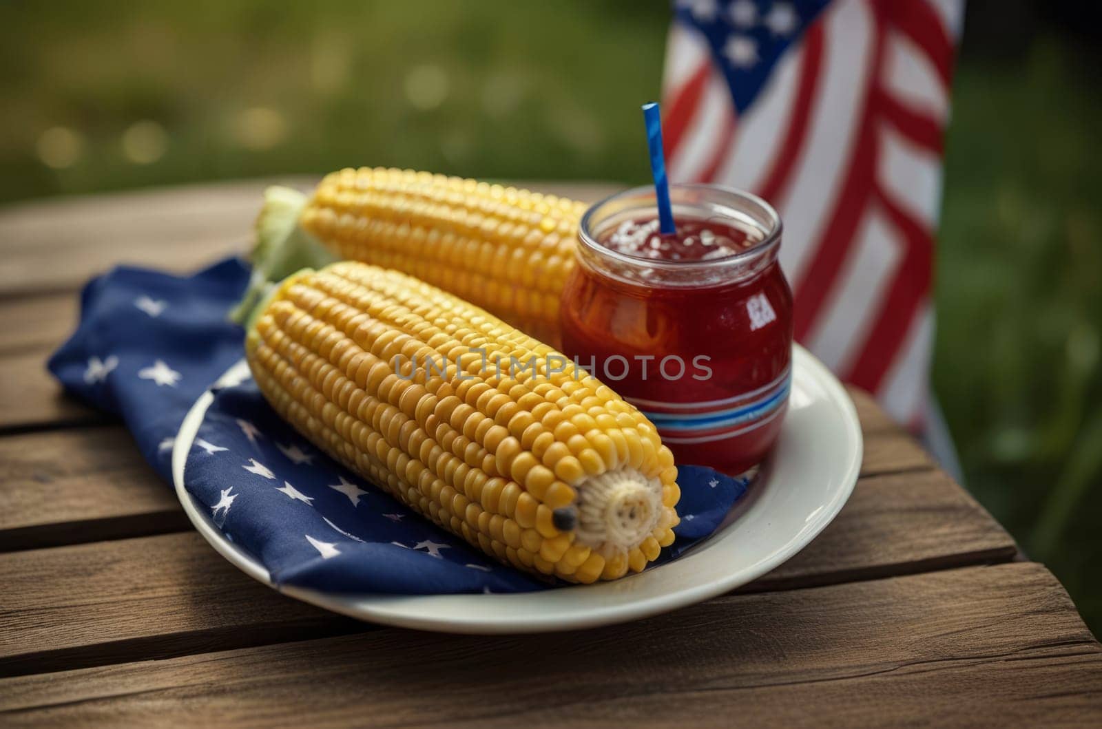 Delight in a summer picnic affair infused with patriotism, showcasing a spread of corn on the cob, barbecued treats, and invigorating drinks.