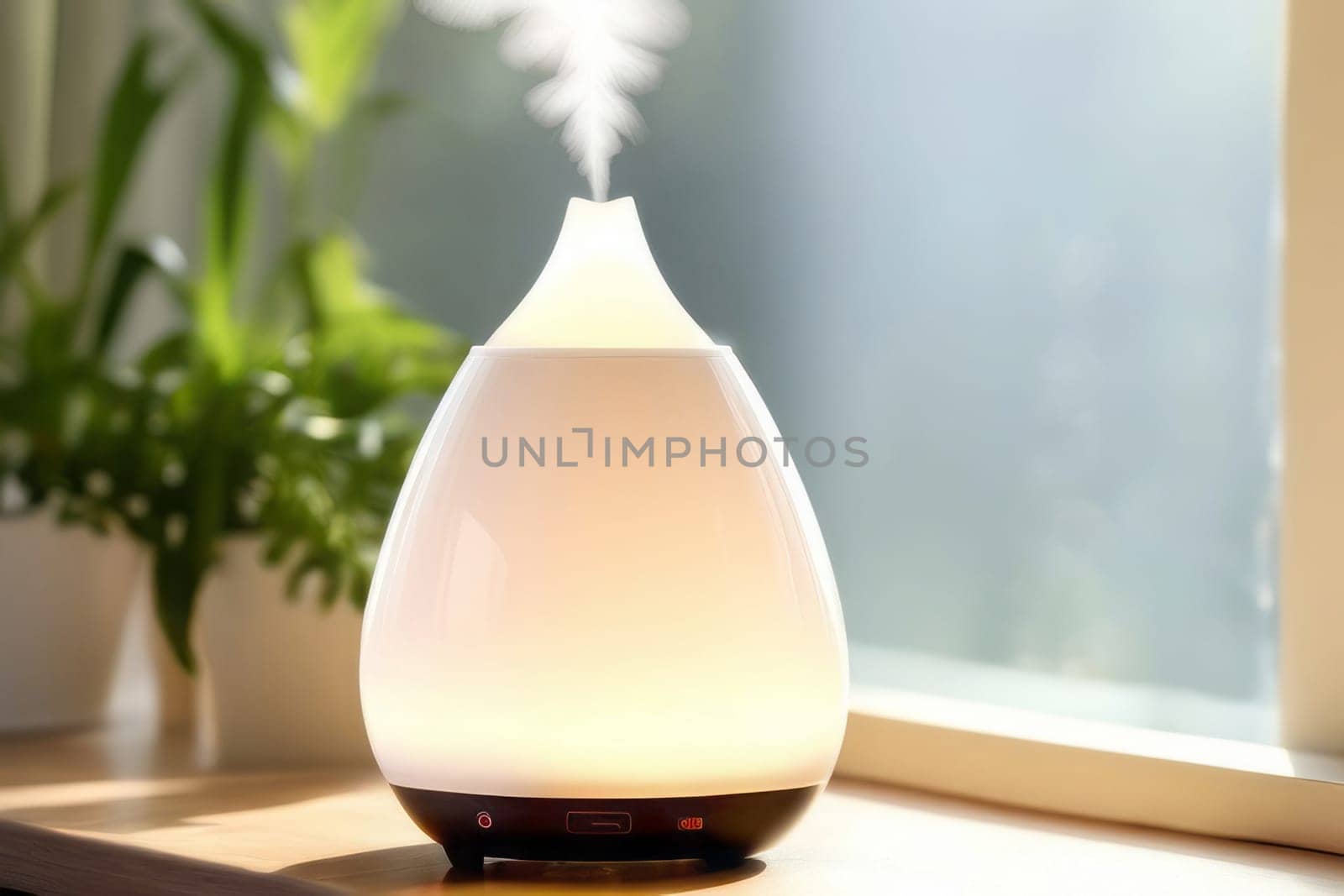 Aroma oil white glass diffuser with rising steam flow on table by window