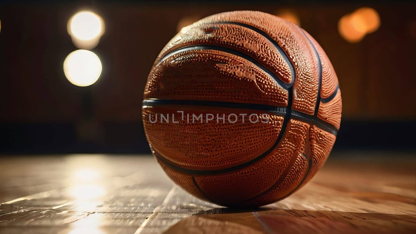 Basketball's texture highlighted on shiny wood next to indoor hoop in cozy lighting