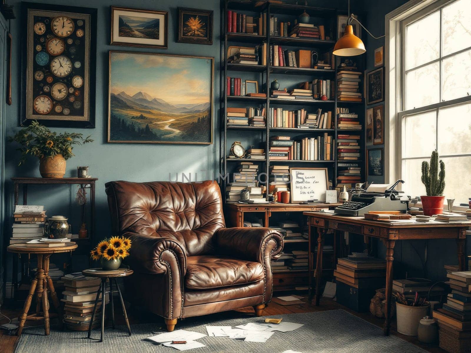 Cozy home office interior with comfortable leather armchair, vintage typewriter, large bookshelf and collection of clocks on the wall. Ai generated