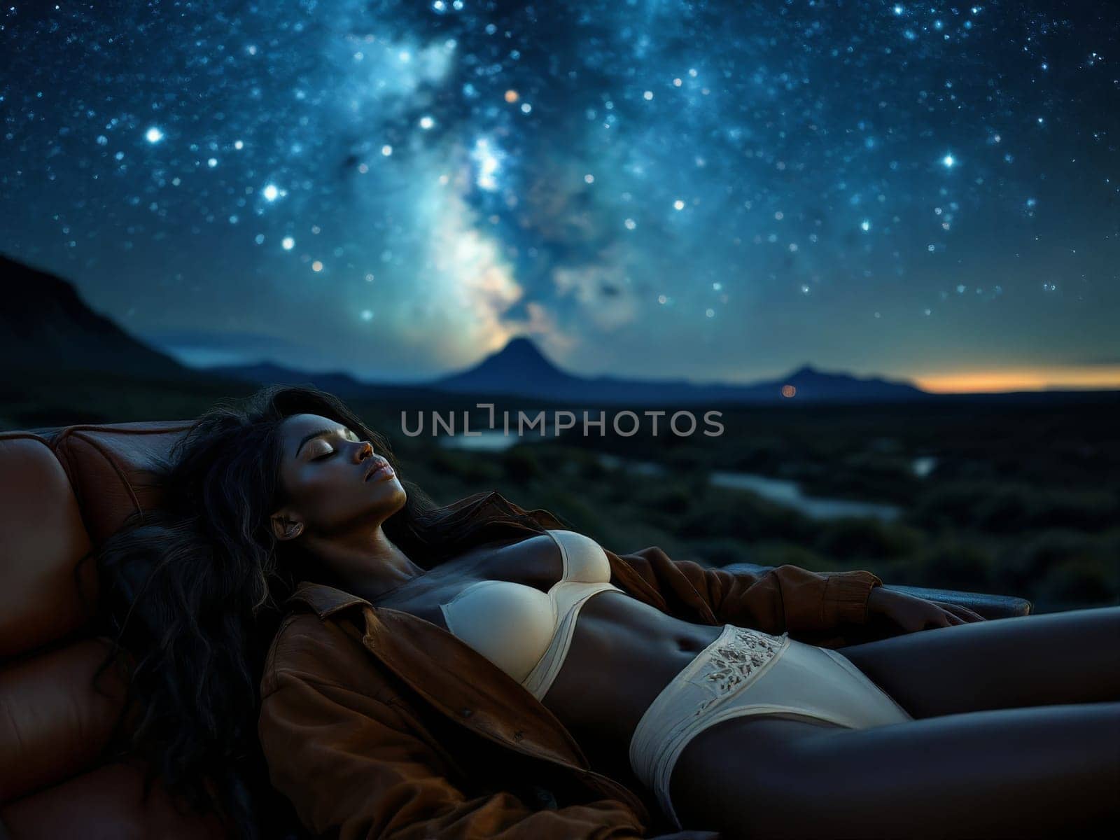 Fashion model resting on a leather couch outdoors at night, enjoying the view of the milky way over a desert landscape. Ai generated