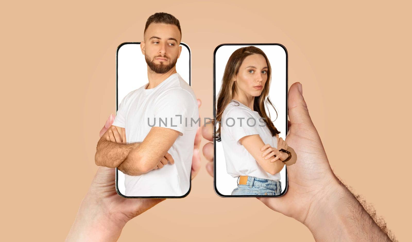 A couple is depicted communicating through their smartphones, showcasing their connection despite physical distance. They are both dressed casually, highlighting a modern lifestyle.