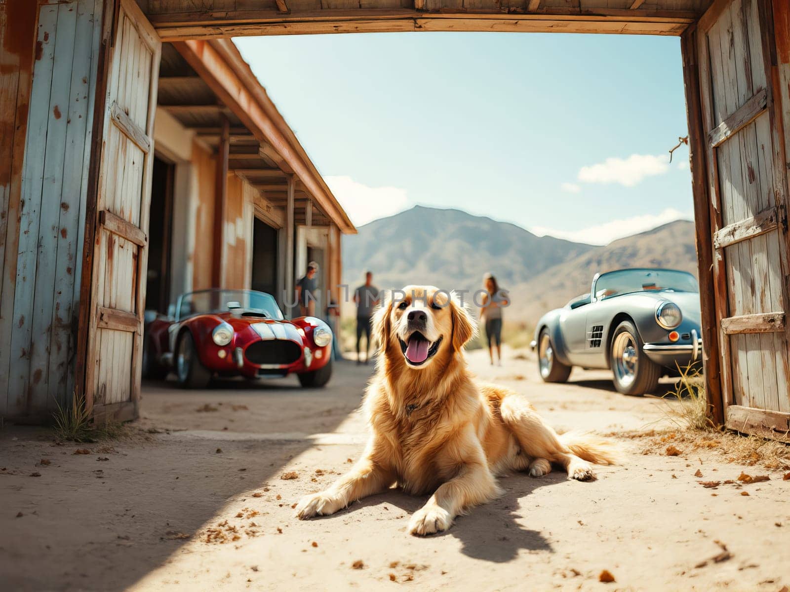 Golden retriever resting on the ground in a vintage car garage with mechanics working on classic cars. Ai generated