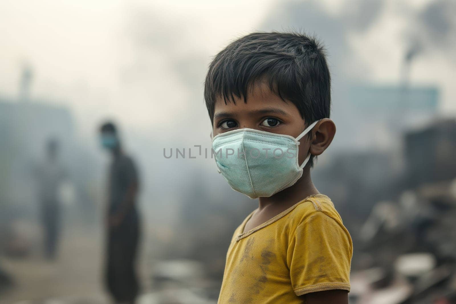 A young child wearing a protective mask stands in a polluted urban area. This image highlights the impact of air pollution on health and showcases resilience in challenging environments.