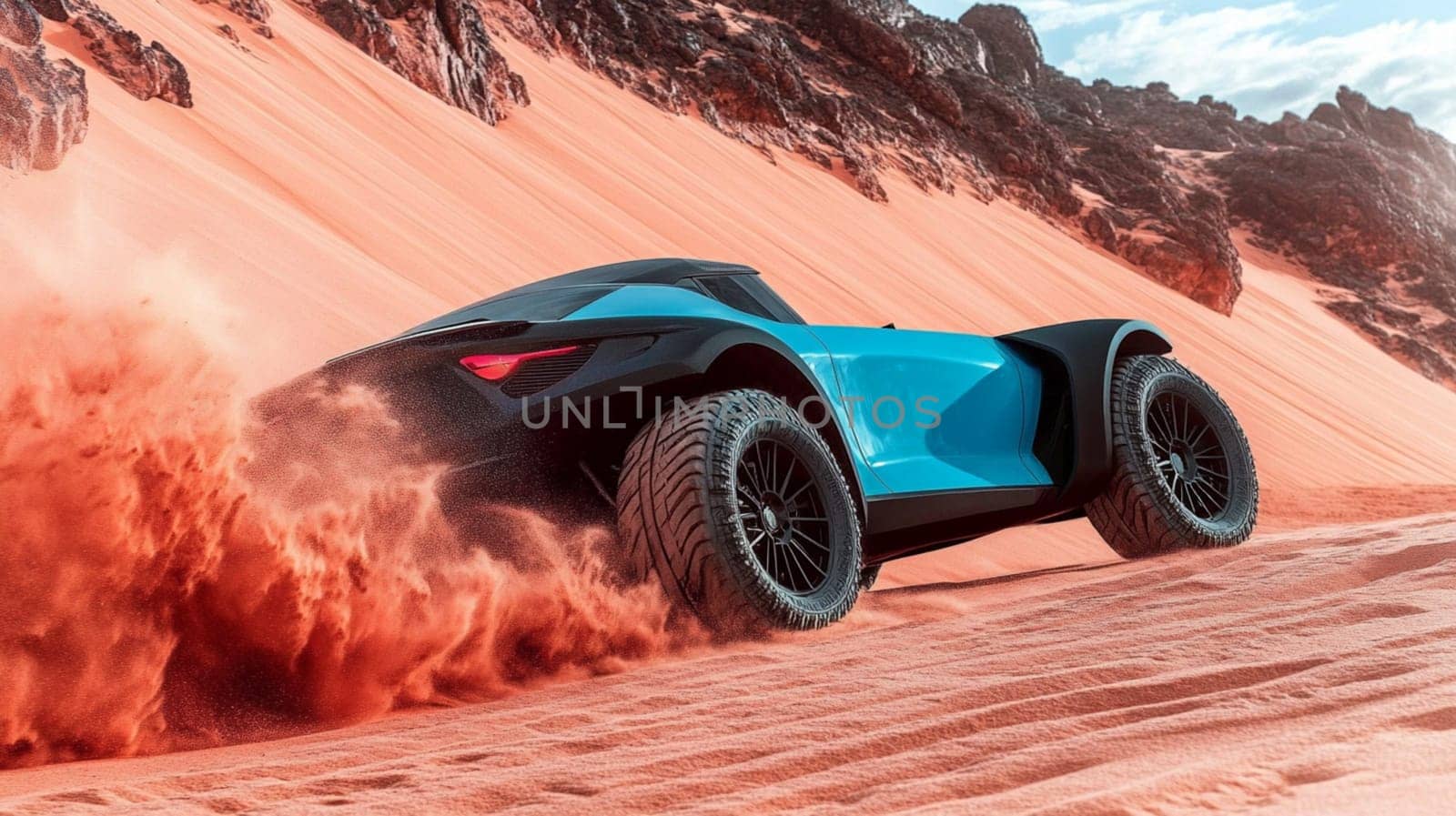 Powerful blue suv car speeding through the desert, leaving a dramatic cloud of sand in its wake, showcasing the thrill of off road adventure