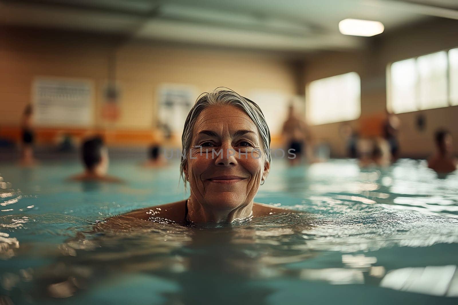 Senior woman is enjoying water aerobics with a big smile at the swimming pool. generative ai.