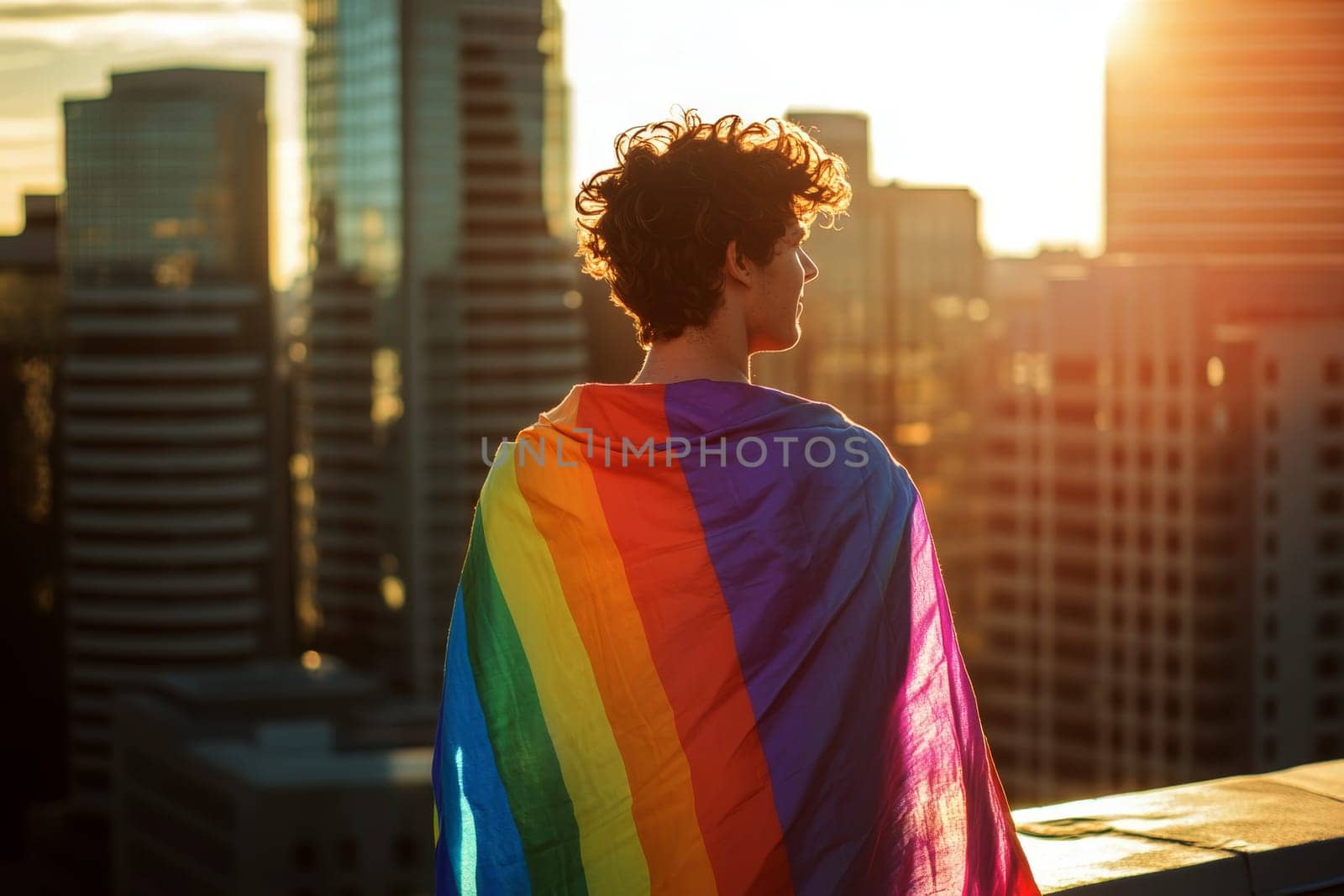 a young man wrapped in a rainbow flag standing on rooftop background. Concept of The LGBT community..