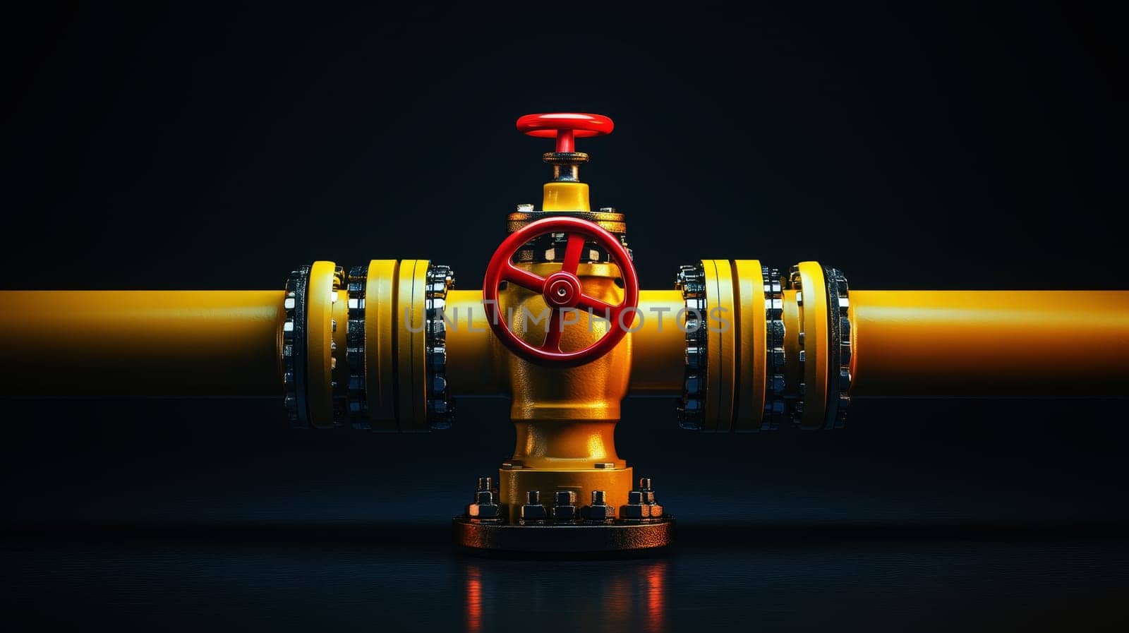 a large yellow gas pipe .The pipe is connected to a red valve or connection on isolated background..