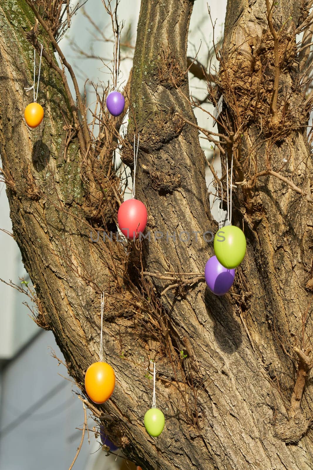 Tree decorated with Easter eggs during the Easter holidays in the city center of Berlin, Germany
